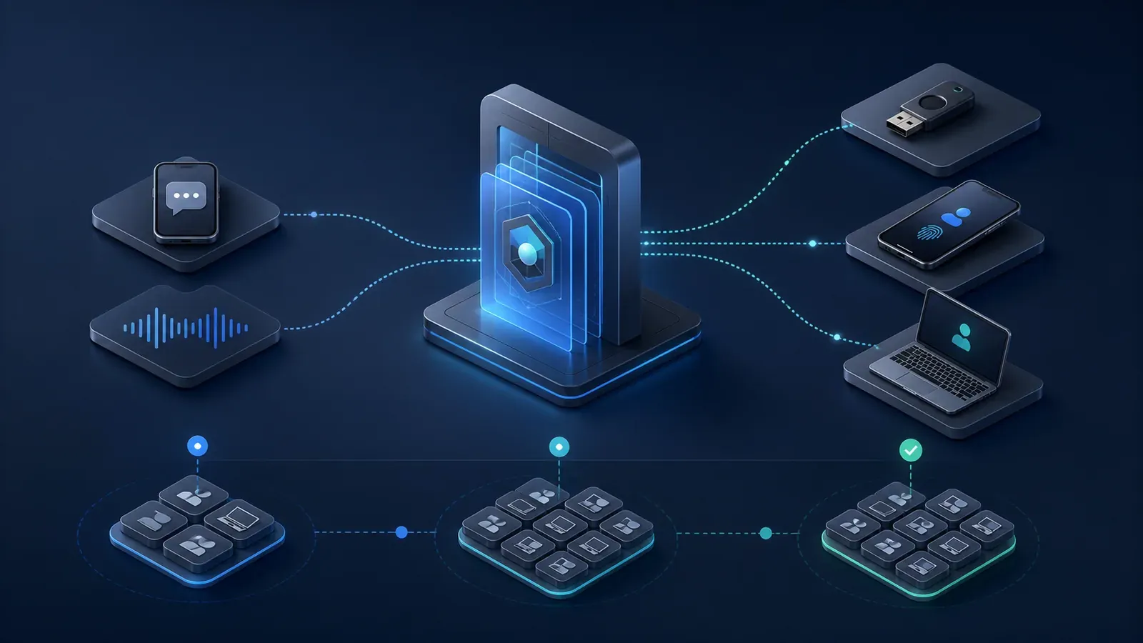 Isometric identity gateway connecting SMS and voice symbols to a security key, smartphone passkey, laptop, and staged device groups