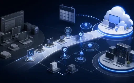 Isometric migration roadmap showing office computers moving through inventory, testing, and deployment checkpoints toward cloud and on-premises platforms