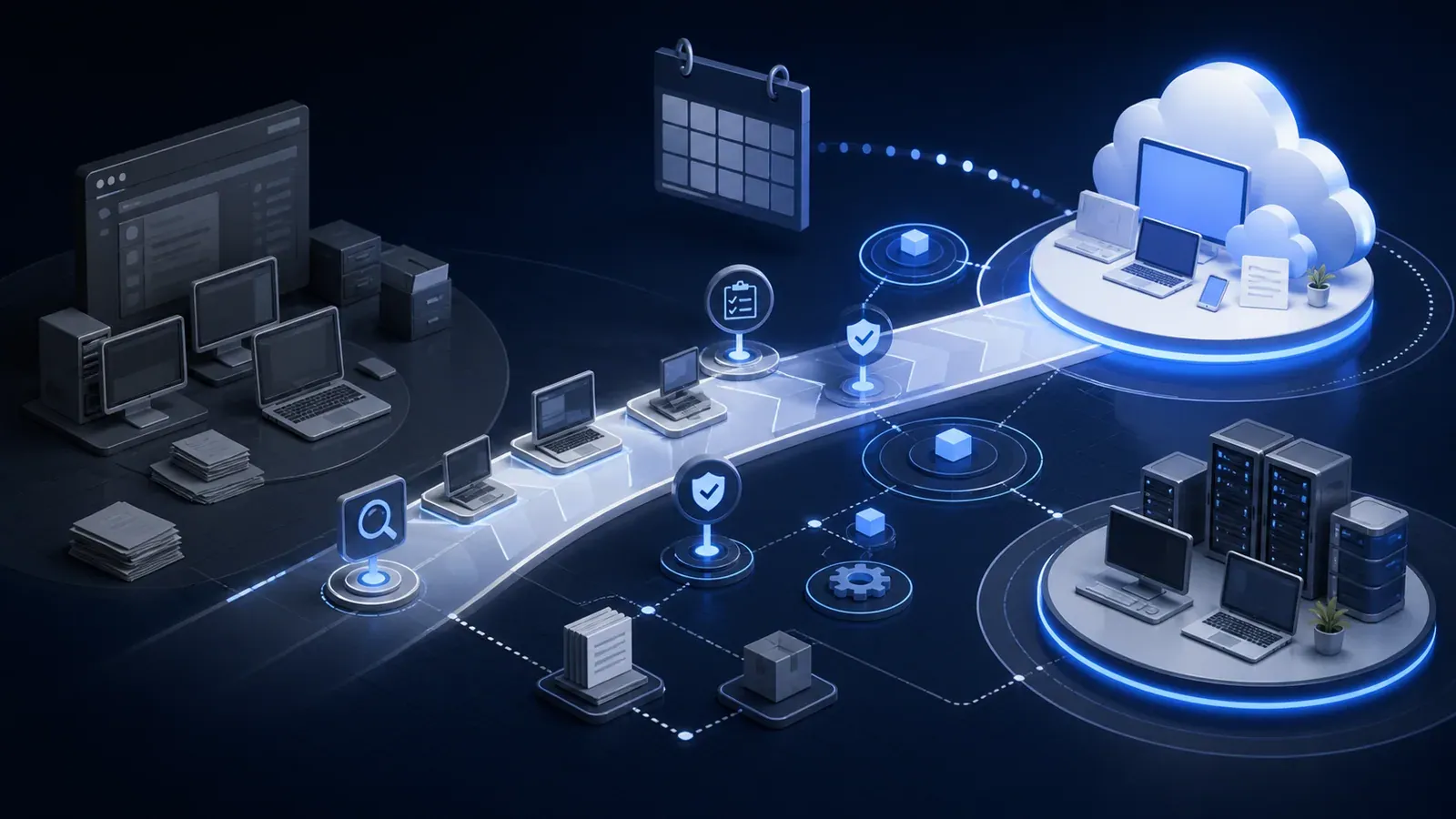 Isometric migration roadmap showing office computers moving through inventory, testing, and deployment checkpoints toward cloud and on-premises platforms