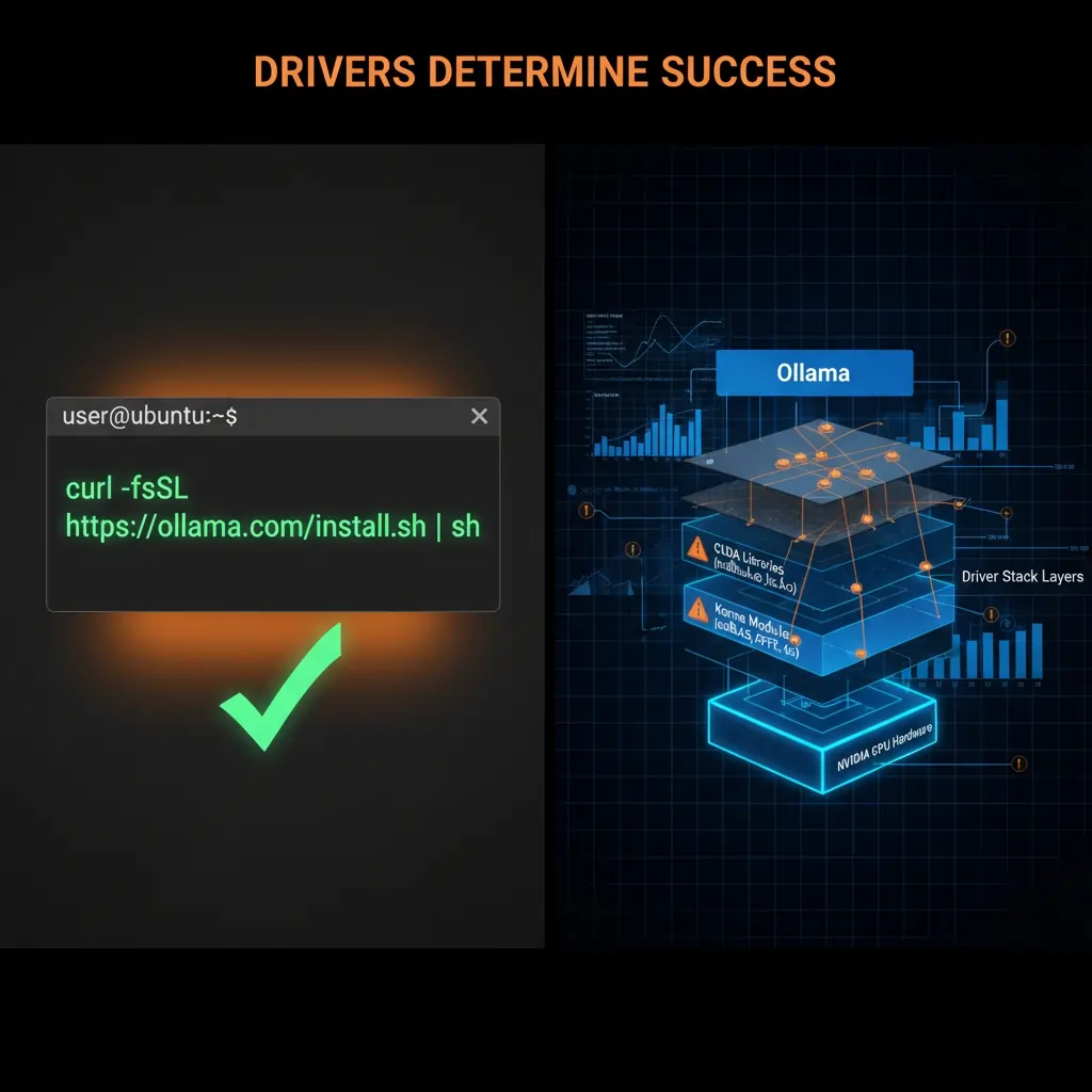 Split-screen technical visualization contrasting Ollama's simple one-command installation with the complex NVIDIA driver configuration stack required for GPU acceleration on Ubuntu 24.04, showing terminal commands, driver layers, and GPU monitoring dashbo