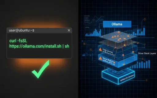 Split-screen technical visualization contrasting Ollama's simple one-command installation with the complex NVIDIA driver configuration stack required for GPU acceleration on Ubuntu 24.04, showing terminal commands, driver layers, and GPU monitoring dashbo