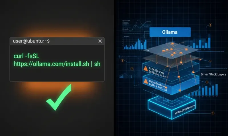 Split-screen technical visualization contrasting Ollama's simple one-command installation with the complex NVIDIA driver configuration stack required for GPU acceleration on Ubuntu 24.04, showing terminal commands, driver layers, and GPU monitoring dashbo