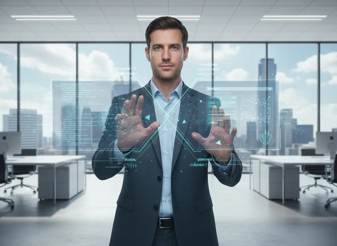 Dallas business professional using Google Gemini 3 AI platform for vibe coding development, showing natural language prompts transforming into functional application code in modern enterprise office environment with holographic technology interfaces