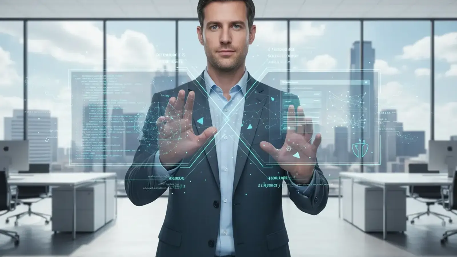 Dallas business professional using Google Gemini 3 AI platform for vibe coding development, showing natural language prompts transforming into functional application code in modern enterprise office environment with holographic technology interfaces