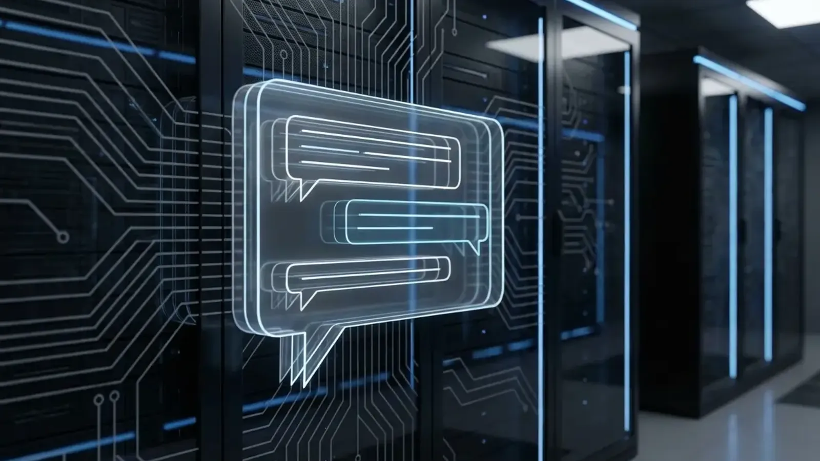 Modern server infrastructure with holographic AI chat interface displaying intelligent conversation threads, representing custom-built AI chatbot technology powered by vector database architecture.