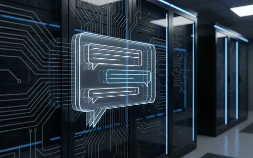Modern server infrastructure with holographic AI chat interface displaying intelligent conversation threads, representing custom-built AI chatbot technology powered by vector database architecture.