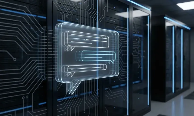 Modern server infrastructure with holographic AI chat interface displaying intelligent conversation threads, representing custom-built AI chatbot technology powered by vector database architecture.
