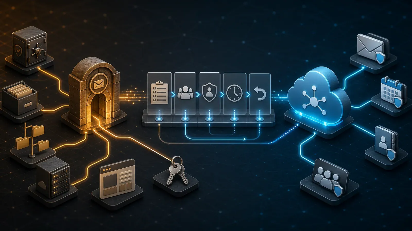 Isometric migration map showing backup, archive, shared-folder, hybrid server, application, and service-account dependencies moving through inventory, access review, timing, and rollback checkpoints to a protected cloud API