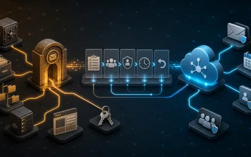 Isometric migration map showing backup, archive, shared-folder, hybrid server, application, and service-account dependencies moving through inventory, access review, timing, and rollback checkpoints to a protected cloud API