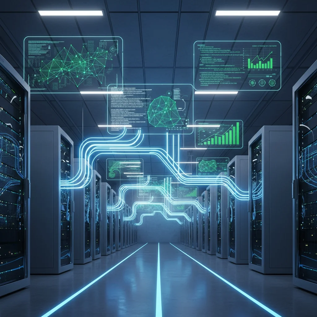 AI infrastructure visualization showing interconnected server clusters, GPU arrays, and neural network patterns representing local LLM hosting frameworks for enterprise deployment and optimization.