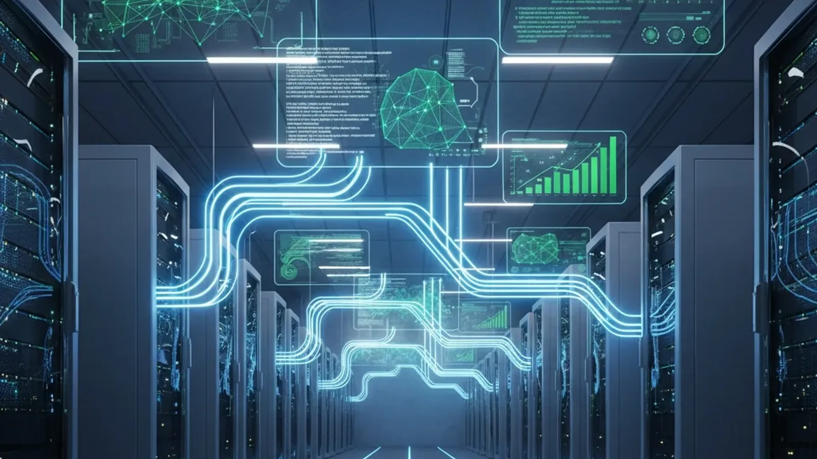 AI infrastructure visualization showing interconnected server clusters, GPU arrays, and neural network patterns representing local LLM hosting frameworks for enterprise deployment and optimization.