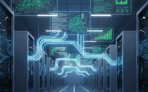 AI infrastructure visualization showing interconnected server clusters, GPU arrays, and neural network patterns representing local LLM hosting frameworks for enterprise deployment and optimization.