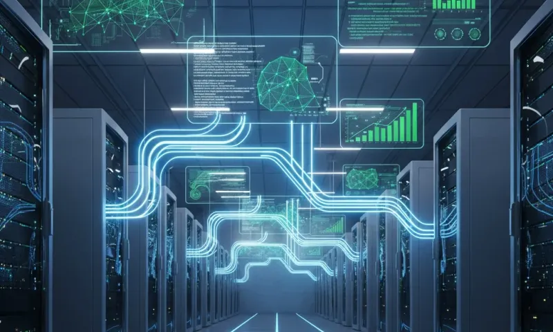AI infrastructure visualization showing interconnected server clusters, GPU arrays, and neural network patterns representing local LLM hosting frameworks for enterprise deployment and optimization.