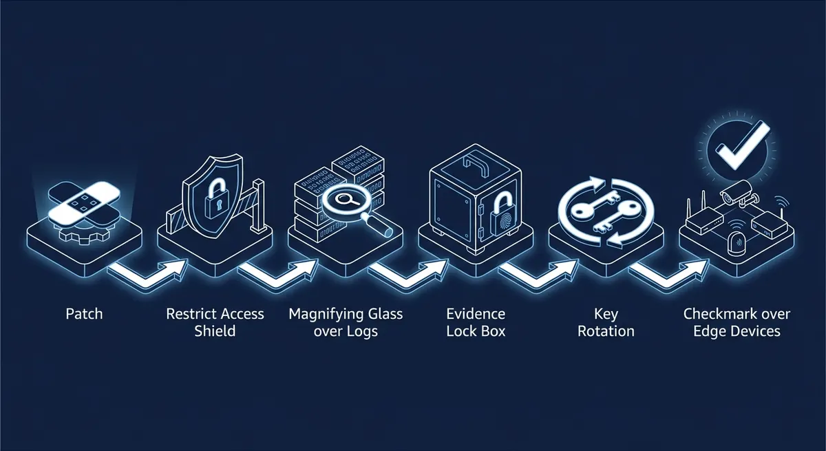Isometric diagram of a security response sequence: patch, restrict access, review logs, preserve evidence, rotate credentials, validate edge devices