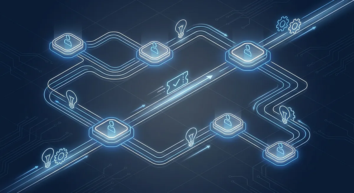 Isometric diagram of team members connected by open pathways with a support ticket and knowledge flowing between them, no silos
