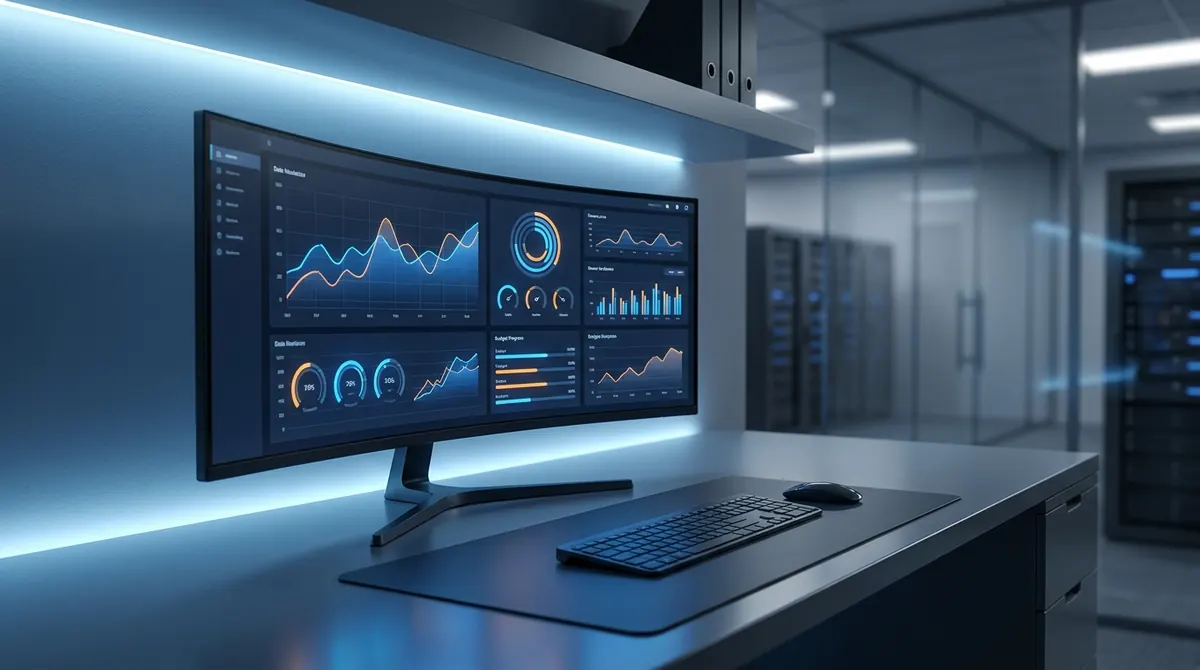 Cloud cost management dashboard on a monitor showing spend graphs, budget bars, and gauges for Azure FinOps monitoring