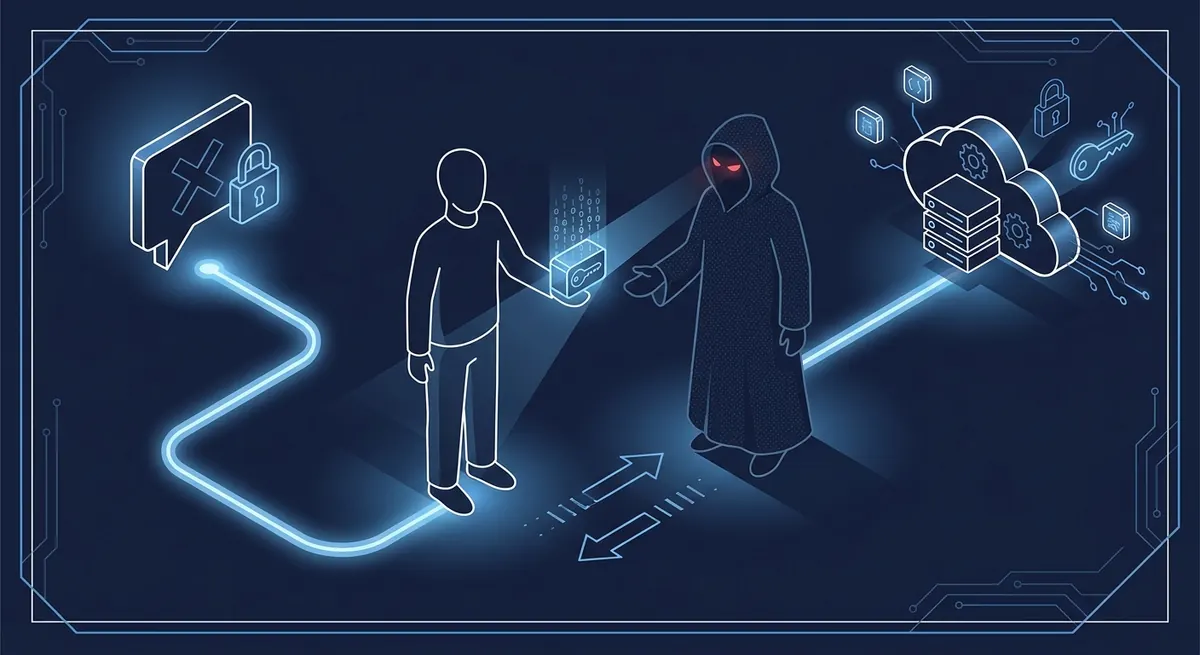 Isometric diagram of a device code phishing flow: a lure message leads a user to hand a code token to a hooded attacker who reaches a cloud identity server