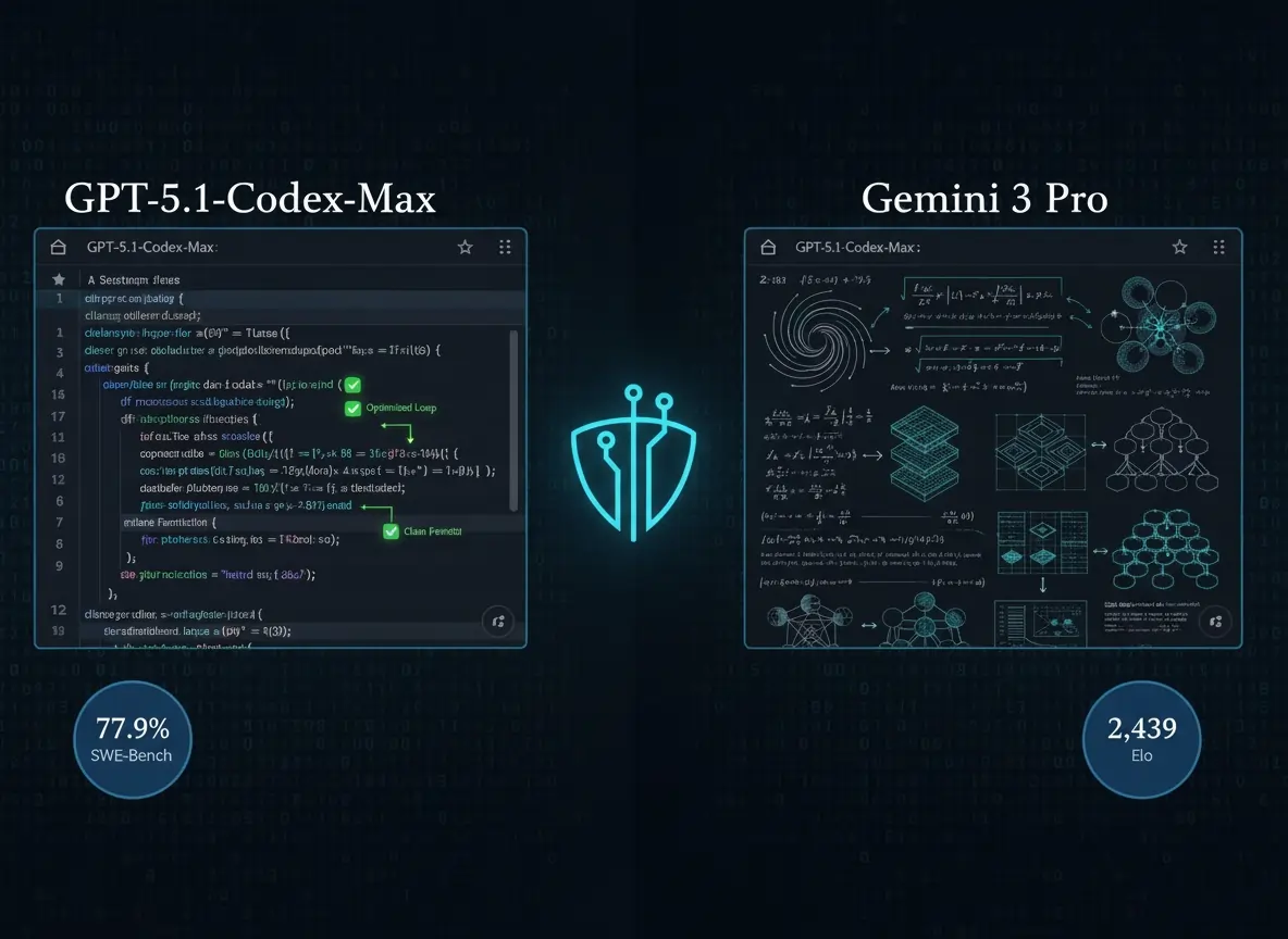 Split-screen comparison visualization of AI coding assistants GPT-5.1-Codex-Max and Gemini 3 Pro showing Python code debugging capabilities on the left versus algorithmic development and mathematical reasoning on the right, with performance benchmark badg