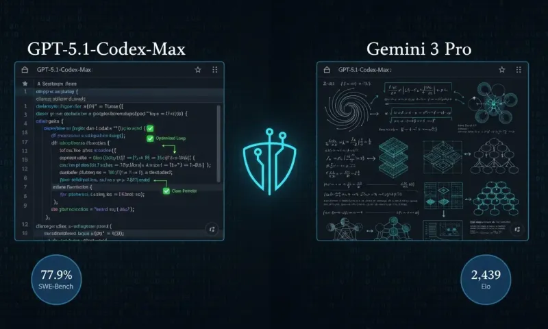 Split-screen comparison visualization of AI coding assistants GPT-5.1-Codex-Max and Gemini 3 Pro showing Python code debugging capabilities on the left versus algorithmic development and mathematical reasoning on the right, with performance benchmark badg
