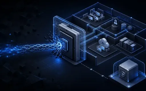 Conceptual cybersecurity illustration of a remote access gateway under attack while segmented business systems and an isolated immutable backup vault remain protected