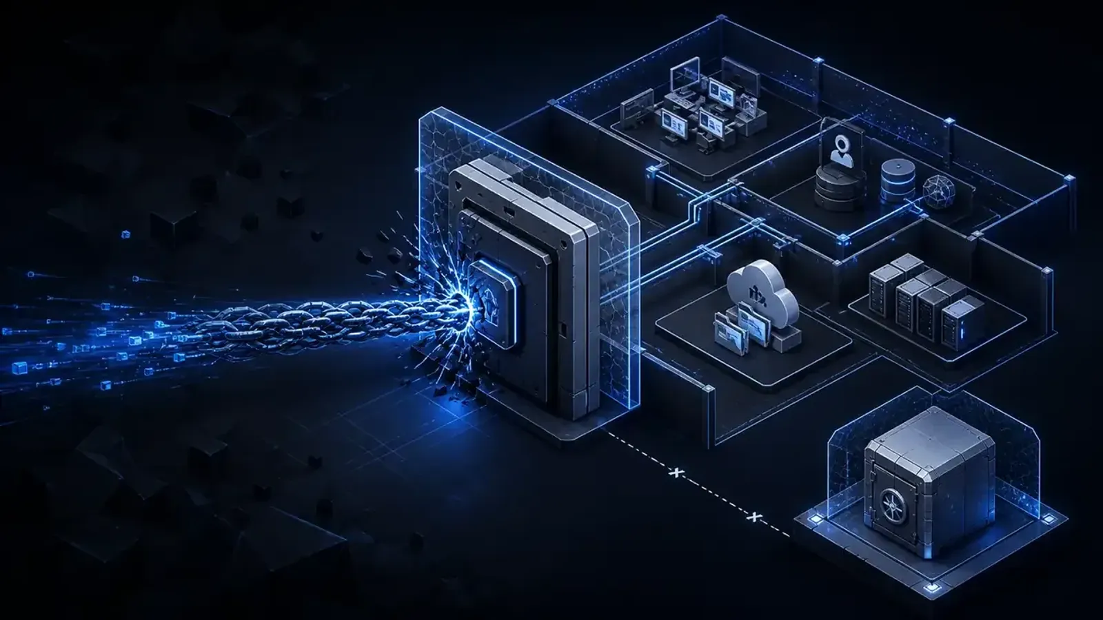 Conceptual cybersecurity illustration of a remote access gateway under attack while segmented business systems and an isolated immutable backup vault remain protected
