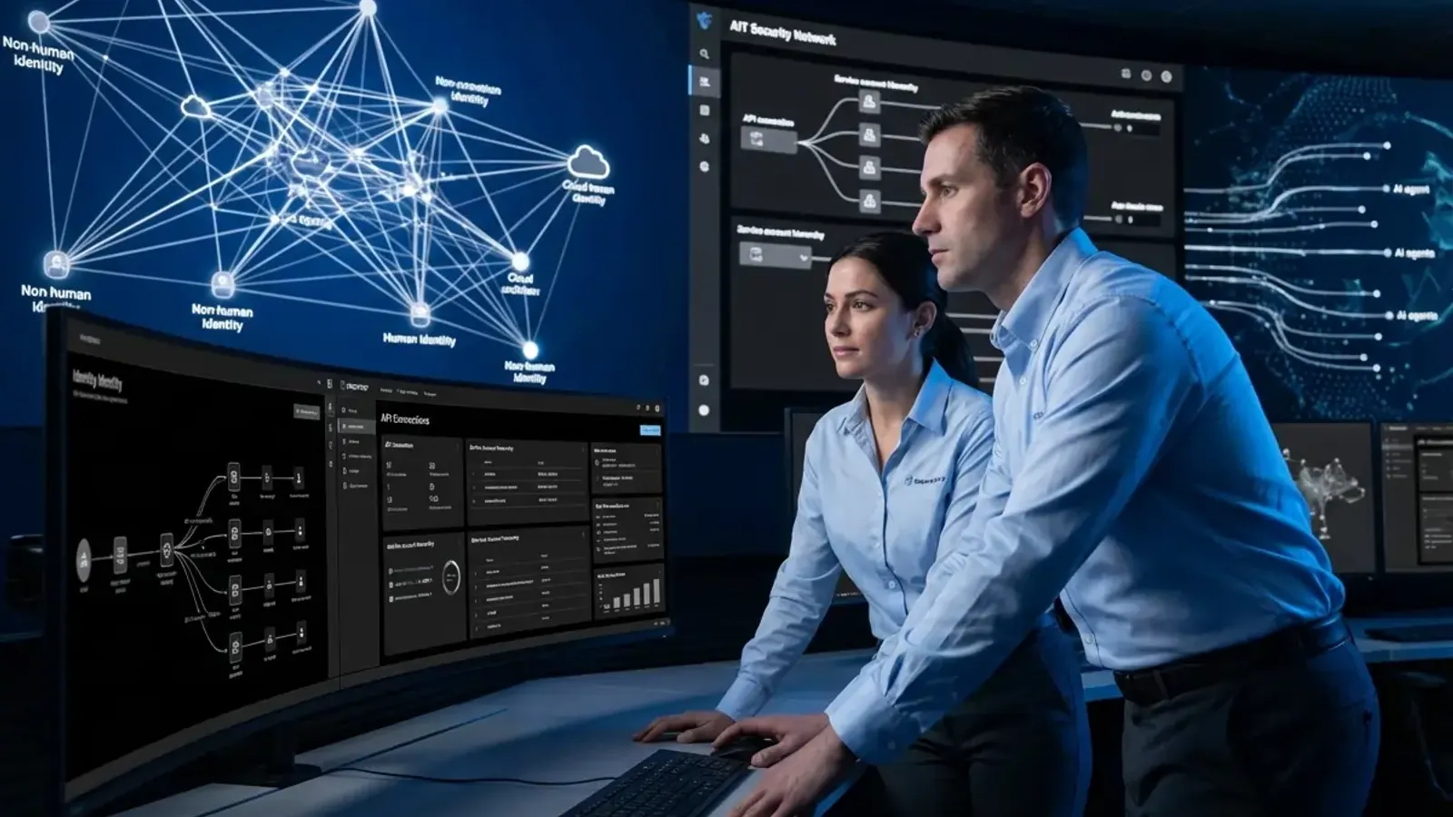 ITECS cybersecurity professionals monitoring non-human identity networks and shadow AI agent activity in a modern security operations center, analyzing machine identity dashboards and API authentication flows across enterprise cloud infrastructure.