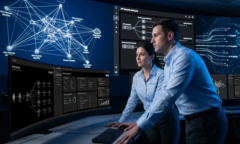 ITECS cybersecurity professionals monitoring non-human identity networks and shadow AI agent activity in a modern security operations center, analyzing machine identity dashboards and API authentication flows across enterprise cloud infrastructure.