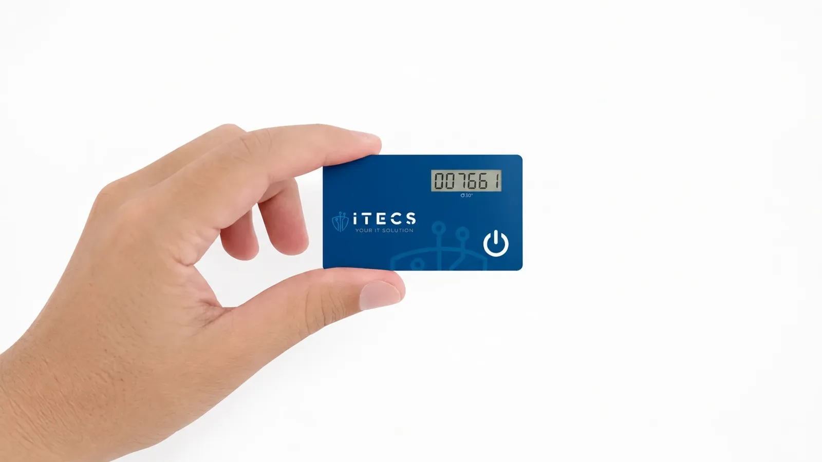 A hand holding an ITECS-branded card-shaped hardware token with a numeric display and power button.