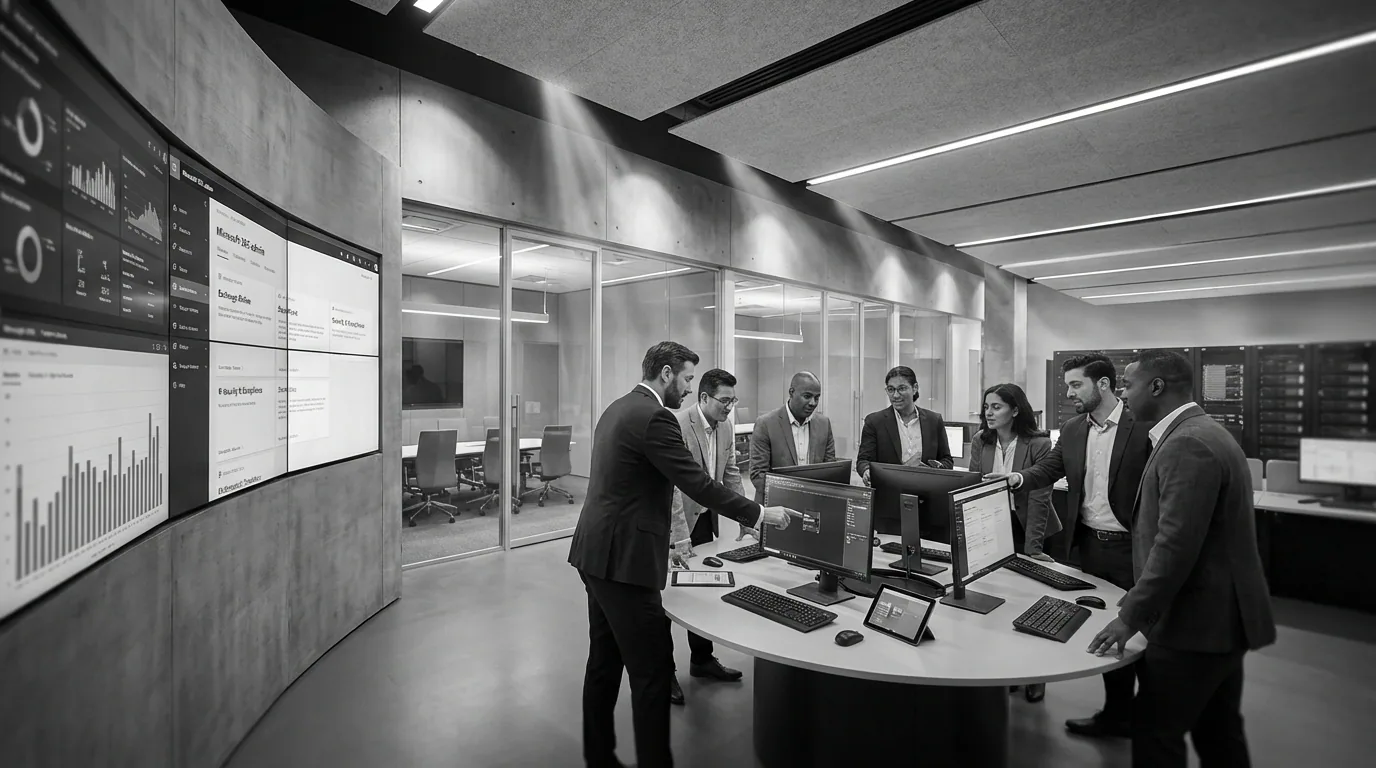 IT administrators deploying Microsoft 365 Copilot in a modern enterprise operations center with dashboard monitors