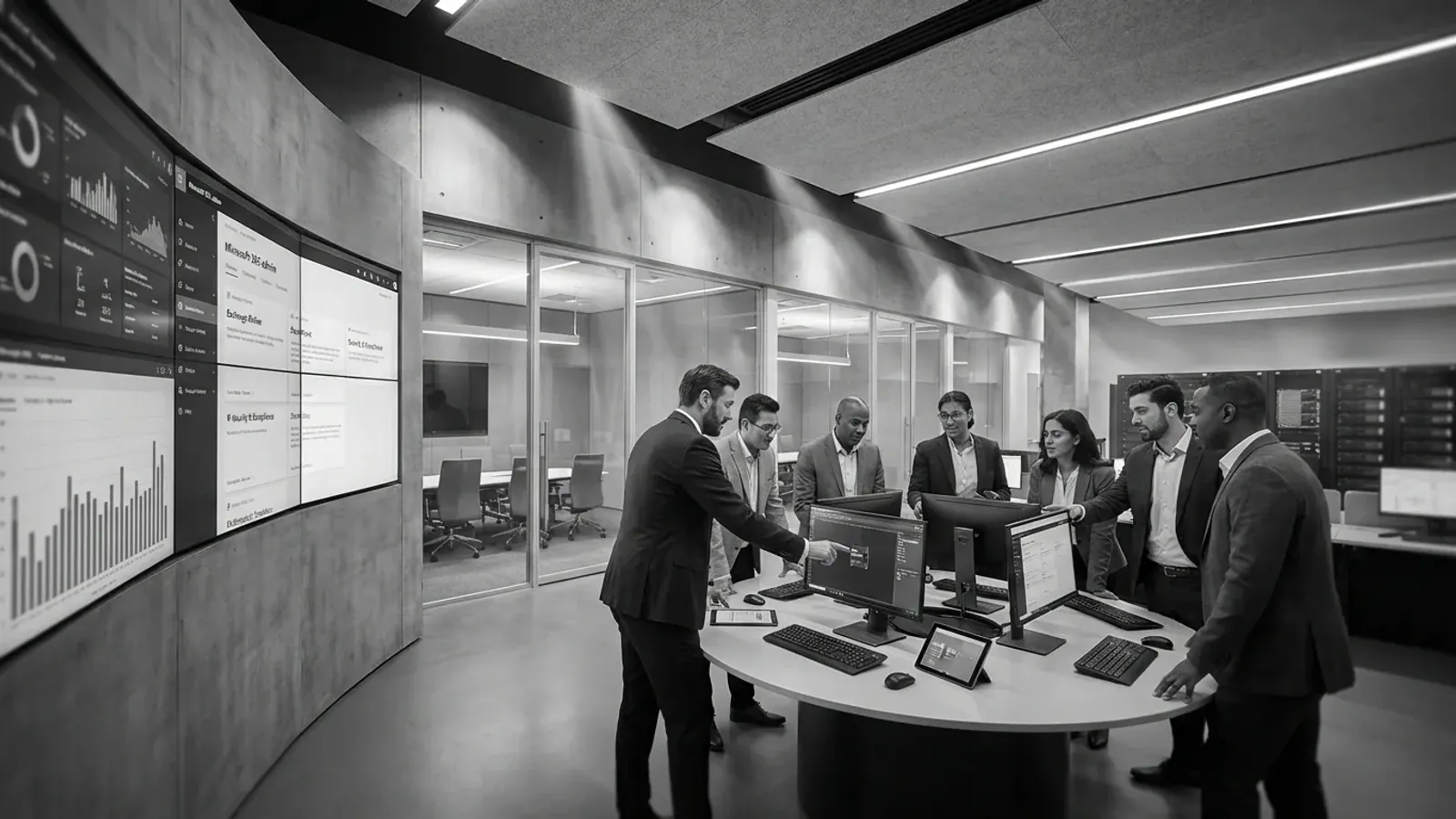 IT administrators deploying Microsoft 365 Copilot in a modern enterprise operations center with dashboard monitors