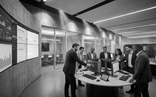 IT administrators deploying Microsoft 365 Copilot in a modern enterprise operations center with dashboard monitors