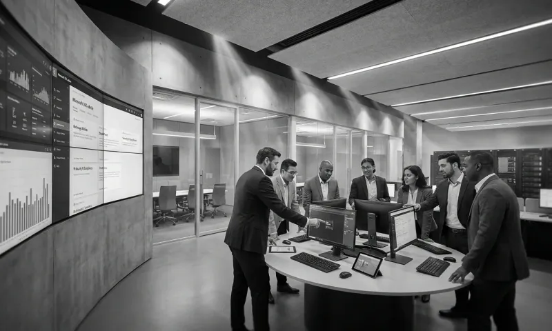 IT administrators deploying Microsoft 365 Copilot in a modern enterprise operations center with dashboard monitors