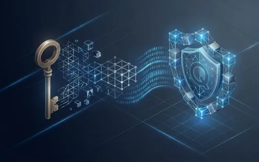 Isometric conceptual visualization of classical cryptography transitioning into quantum-resistant lattice-based cryptography