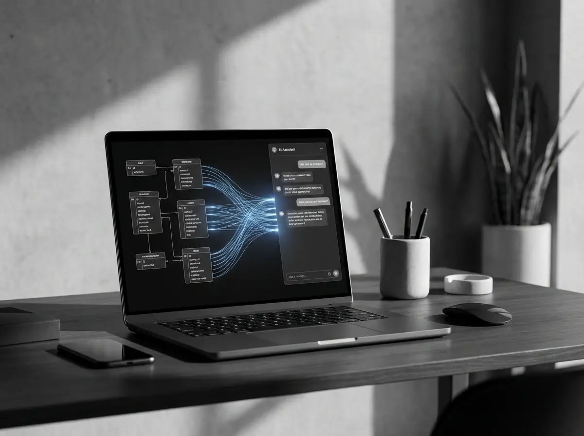 Claude Desktop application connected to a local SQLite database through the Model Context Protocol showing data query results on a modern workspace display.