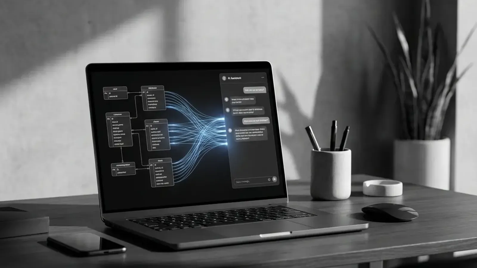 Claude Desktop application connected to a local SQLite database through the Model Context Protocol showing data query results on a modern workspace display.