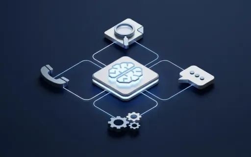 Isometric infographic showing a central AI hub connected to business service icons representing consulting, chatbots, automation, and voice agents