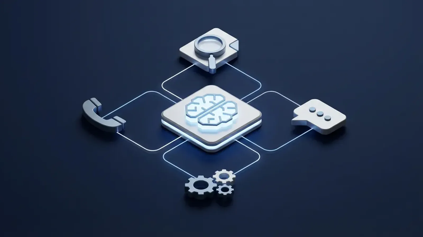 Isometric infographic showing a central AI hub connected to business service icons representing consulting, chatbots, automation, and voice agents
