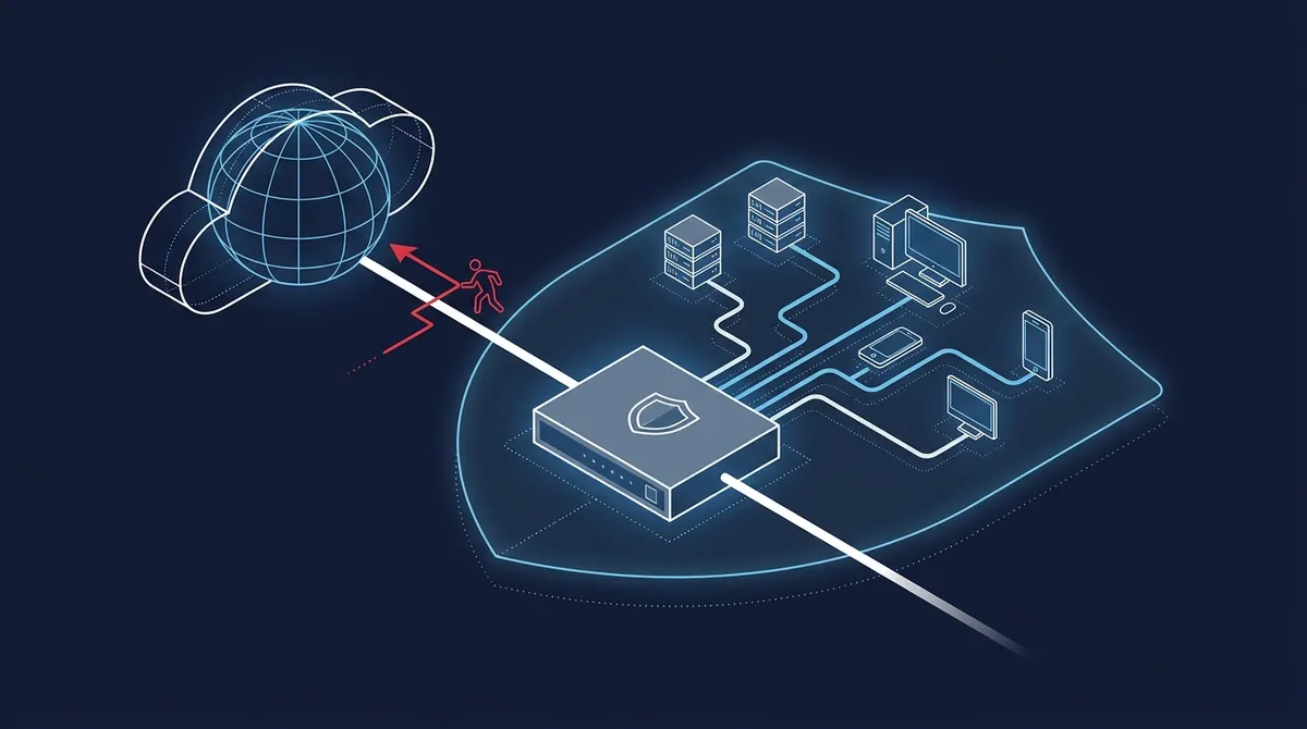 Isometric diagram of an internet-facing VPN gateway appliance as the single chokepoint between the internet and internal servers, probed by a remote attacker