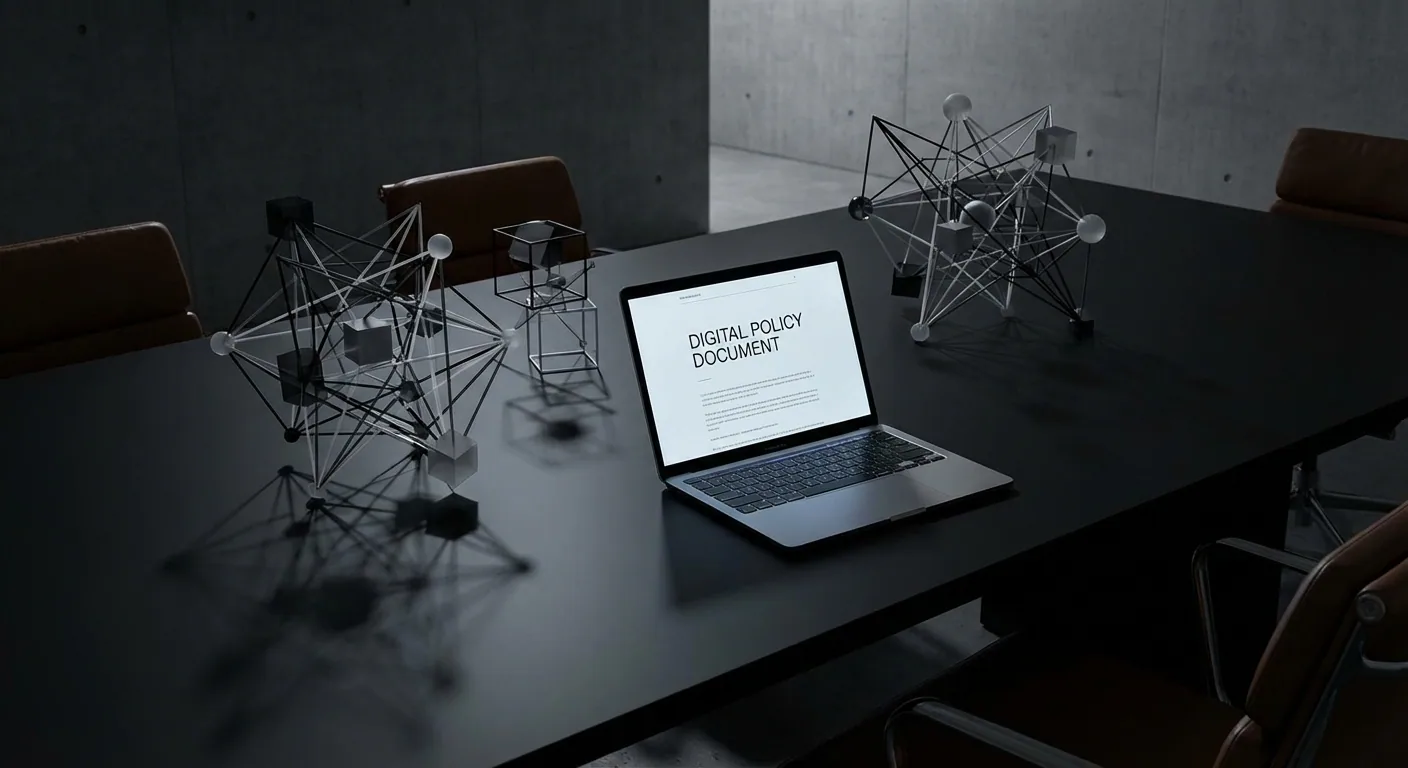 Professional workspace showing an AI acceptable use policy document on a laptop in a modern corporate environment with abstract neural network design elements in black and white.