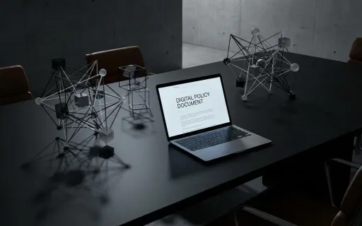 Professional workspace showing an AI acceptable use policy document on a laptop in a modern corporate environment with abstract neural network design elements in black and white.