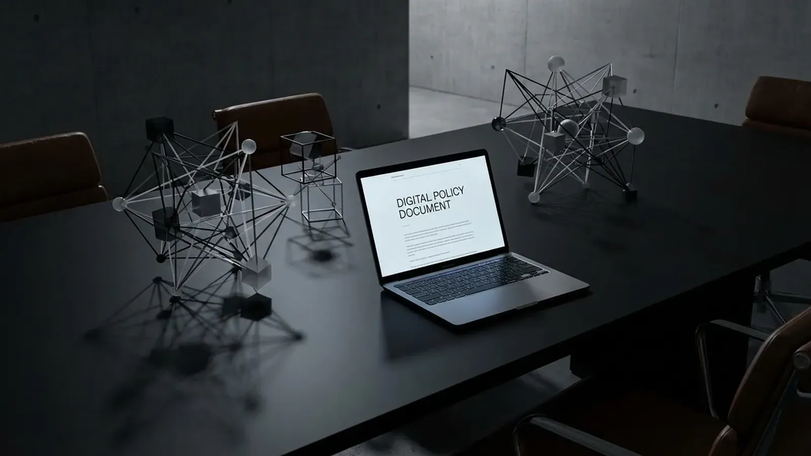 Professional workspace showing an AI acceptable use policy document on a laptop in a modern corporate environment with abstract neural network design elements in black and white.