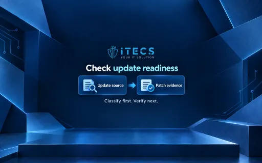 ITECS update readiness illustration: Update source points to Patch evidence, with the guidance Classify first. Verify next.