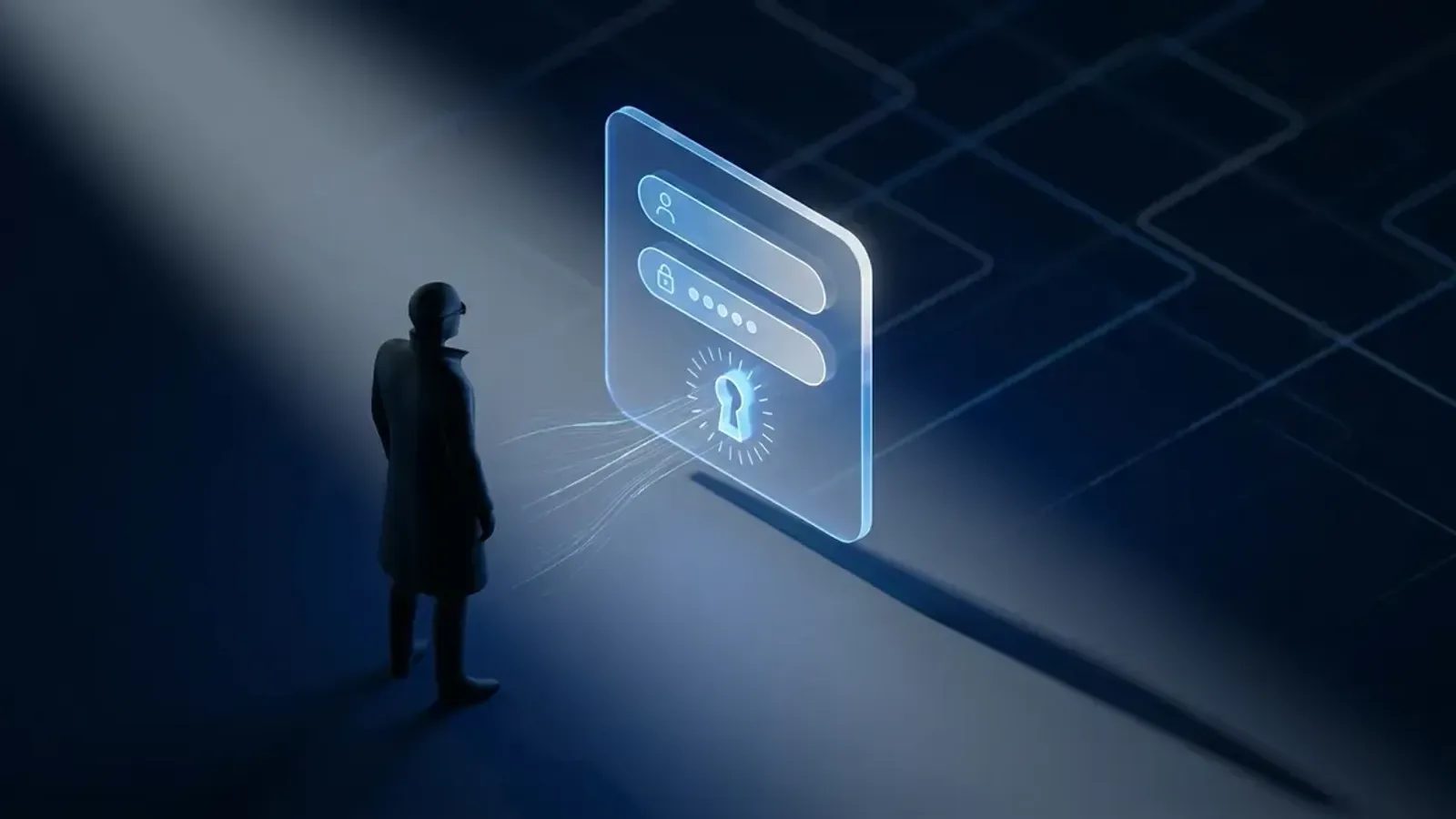 Conceptual illustration of a silhouetted figure approaching a glowing translucent login portal — credential capture rendered as wisps of light flowing into the interface