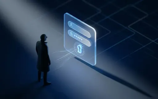 Conceptual illustration of a silhouetted figure approaching a glowing translucent login portal — credential capture rendered as wisps of light flowing into the interface