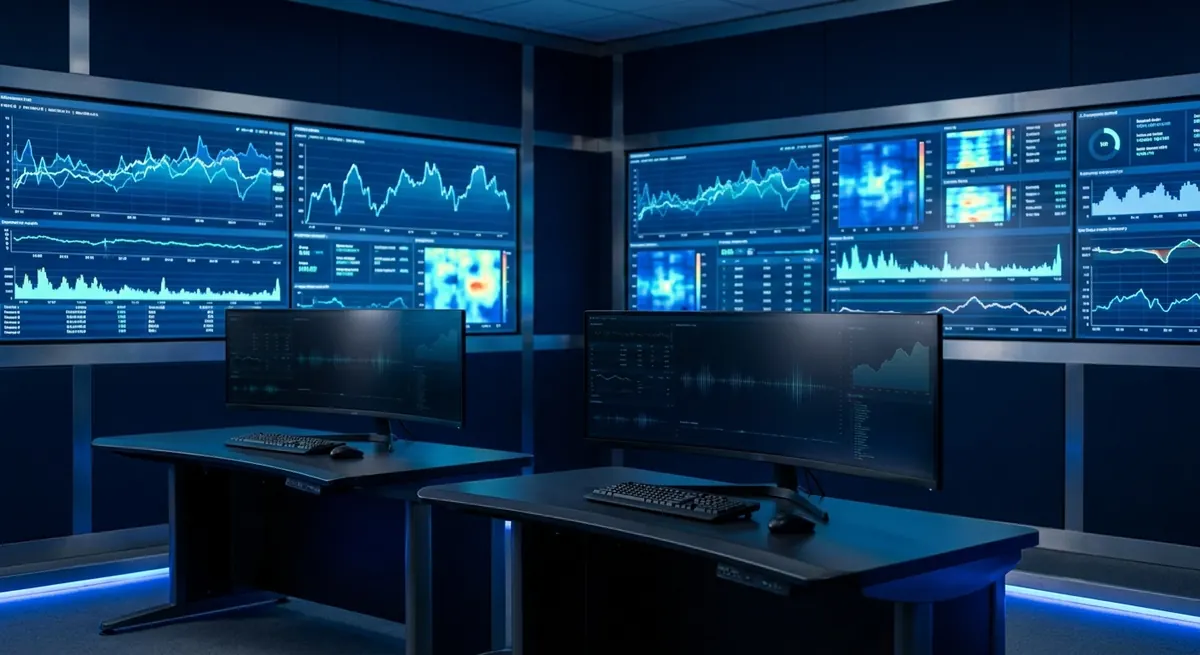 Photorealistic security operations center interior with multiple wall-mounted dashboards displaying telemetry, dimly lit by ambient blue monitor glow