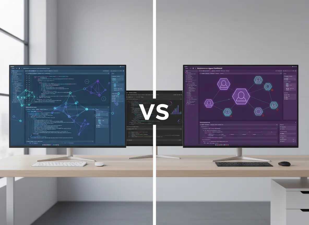 Side-by-side comparison of Windsurf IDE and Google Antigravity development platforms showing interactive coding interface versus autonomous agent orchestration dashboard in professional enterprise technology comparison visualization
