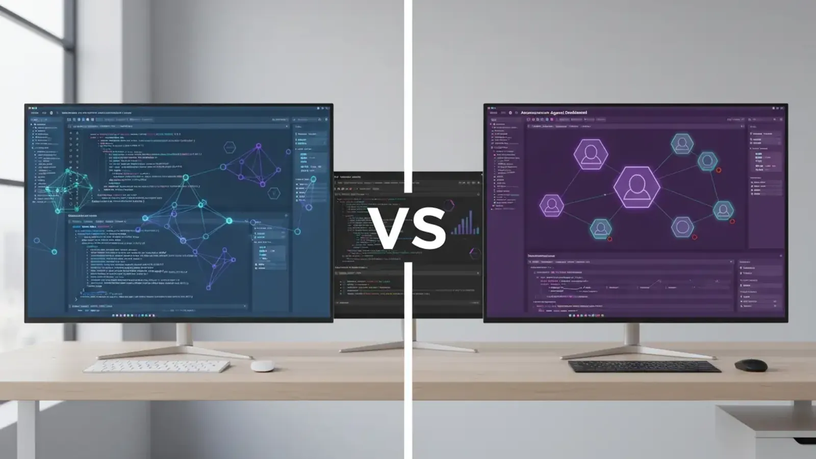 Side-by-side comparison of Windsurf IDE and Google Antigravity development platforms showing interactive coding interface versus autonomous agent orchestration dashboard in professional enterprise technology comparison visualization