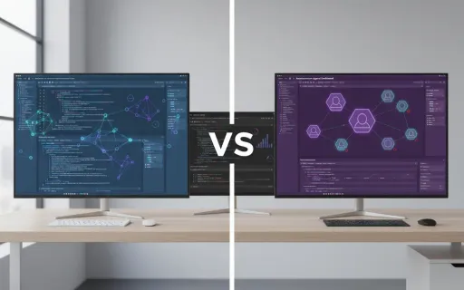 Side-by-side comparison of Windsurf IDE and Google Antigravity development platforms showing interactive coding interface versus autonomous agent orchestration dashboard in professional enterprise technology comparison visualization