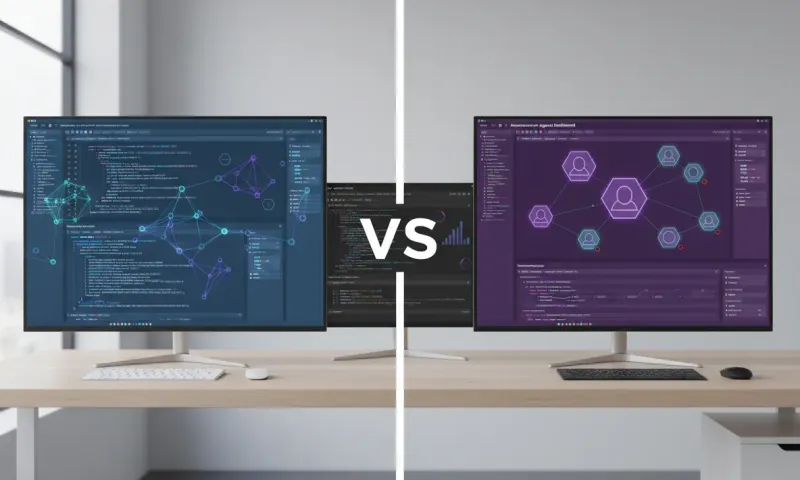 Side-by-side comparison of Windsurf IDE and Google Antigravity development platforms showing interactive coding interface versus autonomous agent orchestration dashboard in professional enterprise technology comparison visualization