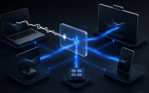 Conceptual video meeting endpoint fleet receiving managed security updates while a blocked annotation attack path is isolated